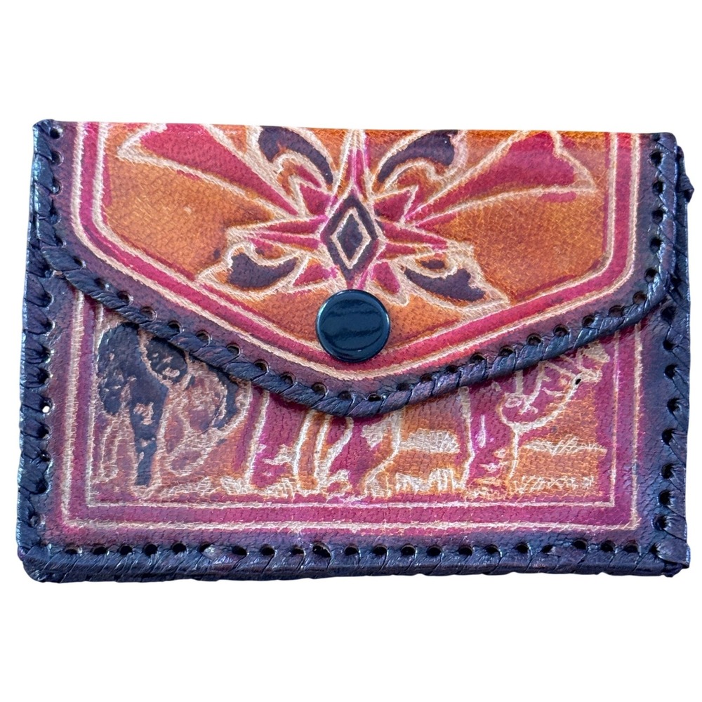 Vintage Hand Tooled Leather Elephant Coin Purse Wallet Brown Red Small India
